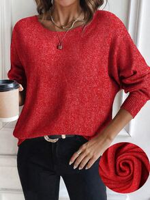 SHEIN LUNE Women Casual Knit Sweater, Loose Comfortable Batwing Design, Red & White Yarn - Red - View 3