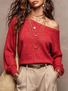 SHEIN LUNE Women Casual Knit Sweater, Loose Comfortable Batwing Design, Red & White Yarn - Red - View 1