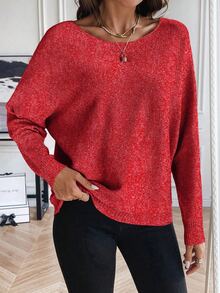 SHEIN LUNE Women Casual Knit Sweater, Loose Comfortable Batwing Design, Red & White Yarn - Red - View 7
