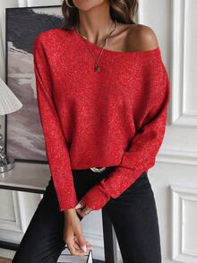 SHEIN LUNE Women Casual Knit Sweater, Loose Comfortable Batwing Design, Red & White Yarn - Red - View 4