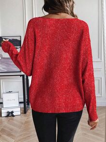 SHEIN LUNE Women Casual Knit Sweater, Loose Comfortable Batwing Design, Red & White Yarn - Red - View 2