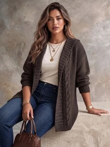 Ceyna Plus Size Women Fashion Large Lapel Cable Knit Brown Cardigan Sweater Casual Daily Versatile Autumn Winter Outerwear - Brown - View 6