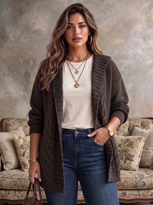 Ceyna Plus Size Women Fashion Large Lapel Cable Knit Brown Cardigan Sweater Casual Daily Versatile Autumn Winter Outerwear - Brown - View 3
