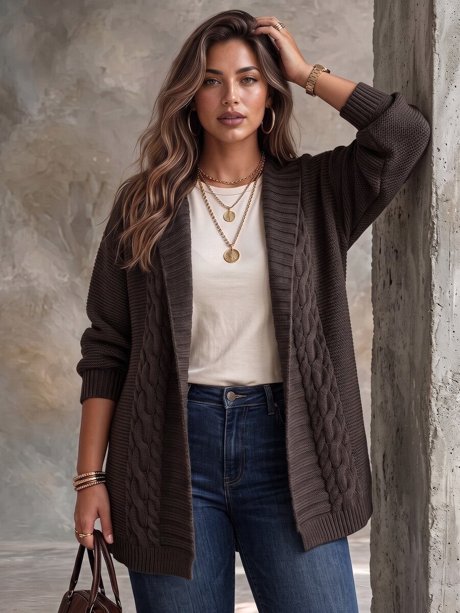 Ceyna Plus Size Women Fashion Large Lapel Cable Knit Brown Cardigan Sweater Casual Daily Versatile Autumn Winter Outerwear - Brown - View 1