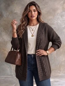 Ceyna Plus Size Women Fashion Large Lapel Cable Knit Brown Cardigan Sweater Casual Daily Versatile Autumn Winter Outerwear - Brown - View 5