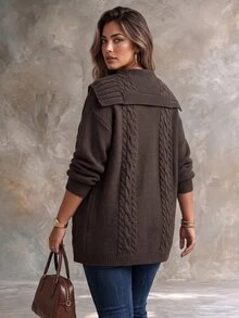 Ceyna Plus Size Women Fashion Large Lapel Cable Knit Brown Cardigan Sweater Casual Daily Versatile Autumn Winter Outerwear - Brown - View 2