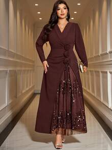 Reflora Plus Size Women's Elegant Formal Dress With 3D Floral Decor And Sequin Patchwork Thanksgiving Formal Dinner Wedding Evening Brown Autumn - Brown - View 5