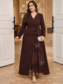 Reflora Plus Size Women's Elegant Formal Dress With 3D Floral Decor And Sequin Patchwork Thanksgiving Formal Dinner Wedding Evening Brown Autumn - Brown - View 2