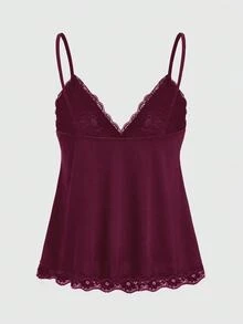 ROMWE Fairycore Camiseta de tirantes de mujer de unicolor con encaje de contraste - Rojo - Ver 2