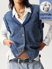 Bohemela Women's V-Neck Single-Breasted Casual 80s Daily Vest Jacket Everyday Going Out Blue Summer - Blue - View 2