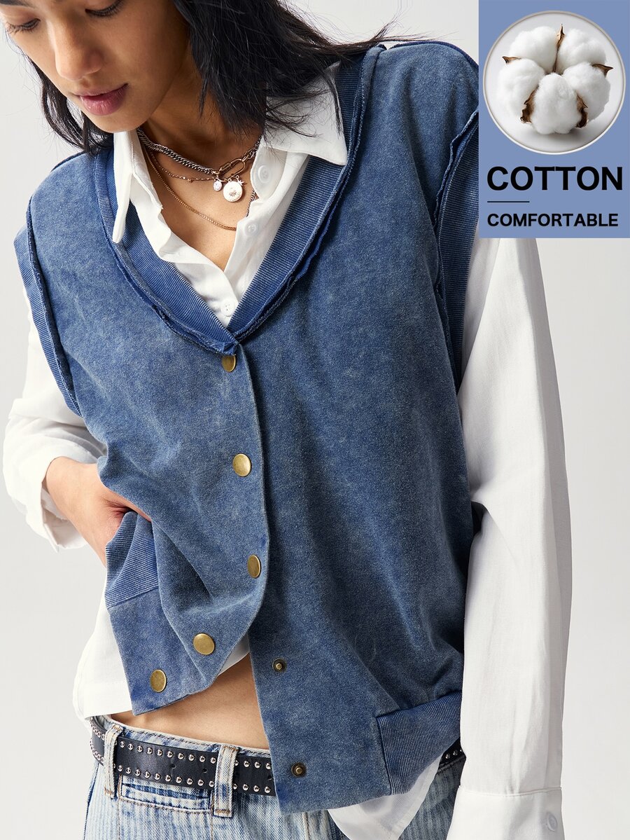 Bohemela Women's V-Neck Single-Breasted Casual 80s Daily Vest Jacket Everyday Going Out Blue Summer - Blue - View 1