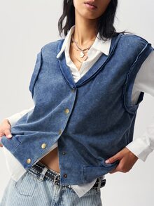 Bohemela Women's V-Neck Single-Breasted Casual 80s Daily Vest Jacket Everyday Going Out Blue Summer - Blue - View 4