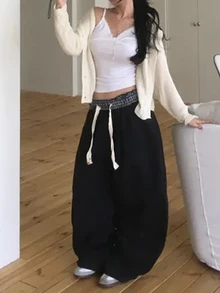 DAZY Celana Panjang Wanita Longgar Gaya Korea Kasual Streetwear - Hitam - View 6