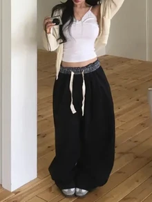 DAZY Celana Panjang Wanita Longgar Gaya Korea Kasual Streetwear - Hitam - View 1