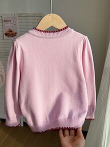 Girls Toddler Cute Peter Pan Collar Knitted Cardigan Sweater Long Sleeve Jacket With Cherry Embroidery Autumn Fall Pink Princess - Apricot - View 3