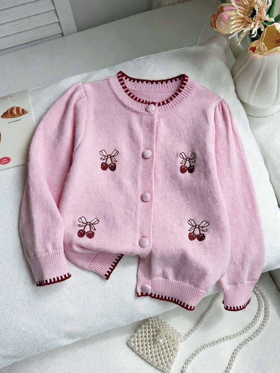 Girls Toddler Cute Peter Pan Collar Knitted Cardigan Sweater Long Sleeve Jacket With Cherry Embroidery Autumn Fall Pink Princess