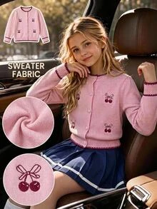 Girls Toddler Cute Peter Pan Collar Knitted Cardigan Sweater Long Sleeve Jacket With Cherry Embroidery Autumn Fall Pink Princess - Apricot - View 6