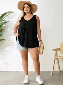 SHEIN CURVE+ Plus Size Women's Black V-Neck Loose Fit Cami Top Formal Home Wear Beach Summer Casual Baggy - Black - View 8