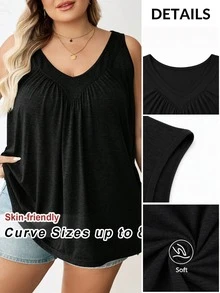 SHEIN CURVE+ Plus Size Women's Black V-Neck Loose Fit Cami Top Formal Home Wear Beach Summer Casual Baggy - Black - View 10