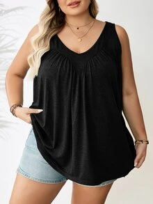 SHEIN CURVE+ Plus Size Women's Black V-Neck Loose Fit Cami Top Formal Home Wear Beach Summer Casual Baggy - Black - View 9