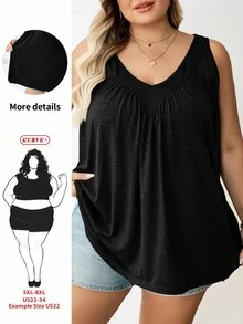 SHEIN CURVE+ Plus Size Women's Black V-Neck Loose Fit Cami Top Formal Home Wear Beach Summer Casual Baggy - Black - View 2