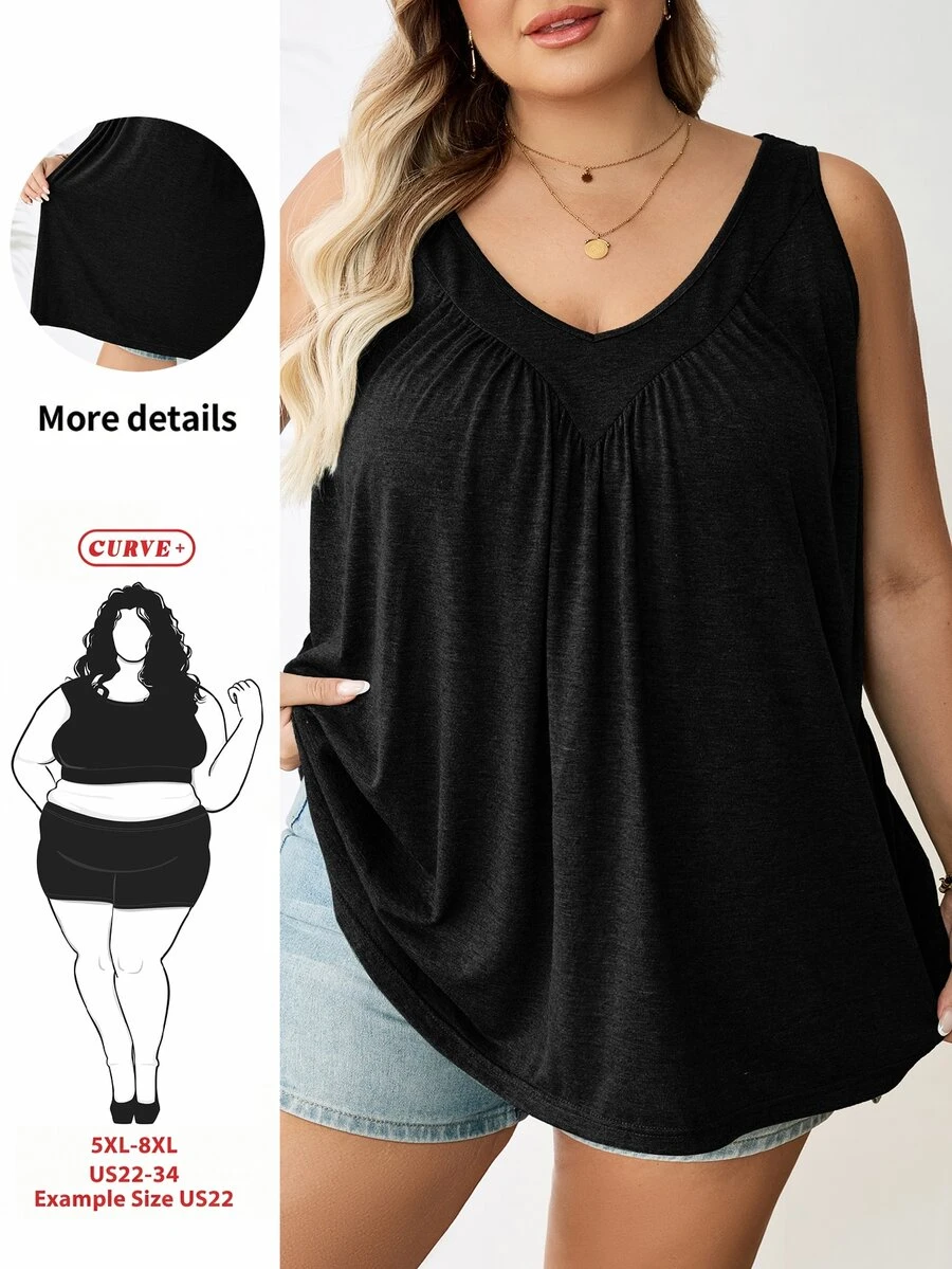 SHEIN CURVE+ Plus Size Women's Black V-Neck Loose Fit Cami Top Formal Home Wear Beach Summer Casual Baggy