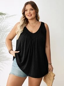 SHEIN CURVE+ Plus Size Women's Black V-Neck Loose Fit Cami Top Formal Home Wear Beach Summer Casual Baggy - Black - View 7