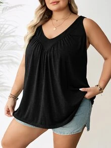 SHEIN CURVE+ Plus Size Women's Black V-Neck Loose Fit Cami Top Formal Home Wear Beach Summer Casual Baggy - Black - View 4