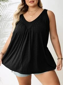 SHEIN CURVE+ Plus Size Women's Black V-Neck Loose Fit Cami Top Formal Home Wear Beach Summer Casual Baggy - Black - View 5