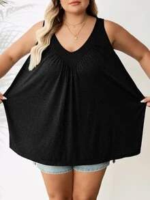 SHEIN CURVE+ Plus Size Women's Black V-Neck Loose Fit Cami Top Formal Home Wear Beach Summer Casual Baggy - Black - View 6