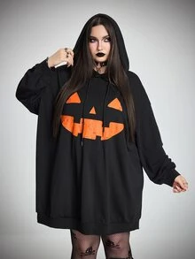 SHEIN CURVE+ 大尺碼萬聖節可愛圖案印花黑色連帽衛衣洋裝，連帽運動衫洋裝/秋季/冬季 - 黑色 - 查看 10