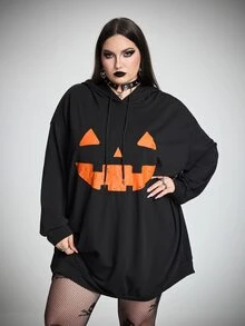SHEIN CURVE+ 大尺碼萬聖節可愛圖案印花黑色連帽衛衣洋裝，連帽運動衫洋裝/秋季/冬季 - 黑色 - 查看 6