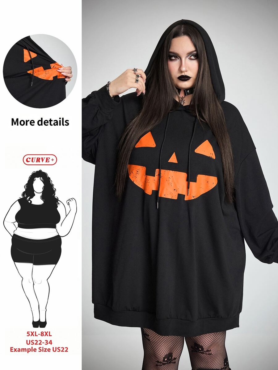 SHEIN CURVE+ 大尺碼萬聖節可愛圖案印花黑色連帽衛衣洋裝，連帽運動衫洋裝/秋季/冬季