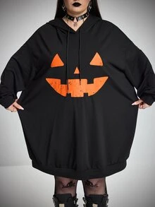 SHEIN CURVE+ 大尺碼萬聖節可愛圖案印花黑色連帽衛衣洋裝，連帽運動衫洋裝/秋季/冬季 - 黑色 - 查看 4
