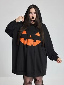 SHEIN CURVE+ 大尺碼萬聖節可愛圖案印花黑色連帽衛衣洋裝，連帽運動衫洋裝/秋季/冬季 - 黑色 - 查看 9