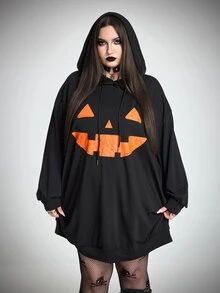 SHEIN CURVE+ 大尺碼萬聖節可愛圖案印花黑色連帽衛衣洋裝，連帽運動衫洋裝/秋季/冬季 - 黑色 - 查看 8