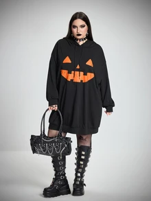 SHEIN CURVE+ 大尺碼萬聖節可愛圖案印花黑色連帽衛衣洋裝，連帽運動衫洋裝/秋季/冬季 - 黑色 - 查看 7