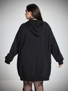 SHEIN CURVE+ 大尺碼萬聖節可愛圖案印花黑色連帽衛衣洋裝，連帽運動衫洋裝/秋季/冬季 - 黑色 - 查看 3