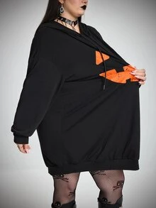 SHEIN CURVE+ 大尺碼萬聖節可愛圖案印花黑色連帽衛衣洋裝，連帽運動衫洋裝/秋季/冬季 - 黑色 - 查看 5