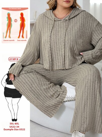 SHEIN CURVE+ Conjunto Casual de 2 Peças com Top de Manga Longa com Capuz e Calça em Cor Sólida para Mulheres Plus Size, Conjunto Casual de 2 Peças com Moletom de Manga Longa com Ombro Caído e Calça em Malha Canelada com Cordão para Mulheres, Uso Casual Diário