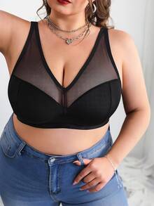 SHEIN CURVE+ Plus Size Solid Color Contrast Mesh Insert Wireless Curved Bra Summer/Country/Beach Brunch Dinner Going Out Vacation/Beach/Beach Wear Black Sexy - Black - View 5