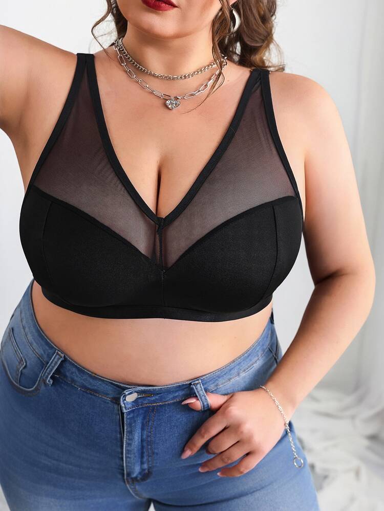 SHEIN CURVE+ صدرية سوليد كولور مع إدراج شبكي متباين بدون حمالات، مناسبة للصيف والرحلات الريفية والشاطئية - الأسود - مشاهدة 4