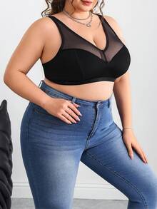 SHEIN CURVE+ Plus Size Solid Color Contrast Mesh Insert Wireless Curved Bra Summer/Country/Beach Brunch Dinner Going Out Vacation/Beach/Beach Wear Black Sexy - Black - View 7