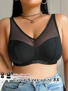 SHEIN CURVE+ Plus Size Solid Color Contrast Mesh Insert Wireless Curved Bra Summer/Country/Beach Brunch Dinner Going Out Vacation/Beach/Beach Wear Black Sexy - Black - View 9