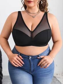 SHEIN CURVE+ Plus Size Solid Color Contrast Mesh Insert Wireless Curved Bra Summer/Country/Beach Brunch Dinner Going Out Vacation/Beach/Beach Wear Black Sexy - Black - View 4