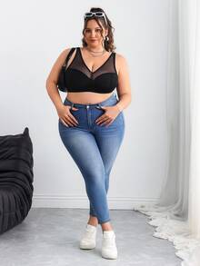 SHEIN CURVE+ Plus Size Solid Color Contrast Mesh Insert Wireless Curved Bra Summer/Country/Beach Brunch Dinner Going Out Vacation/Beach/Beach Wear Black Sexy - Black - View 8