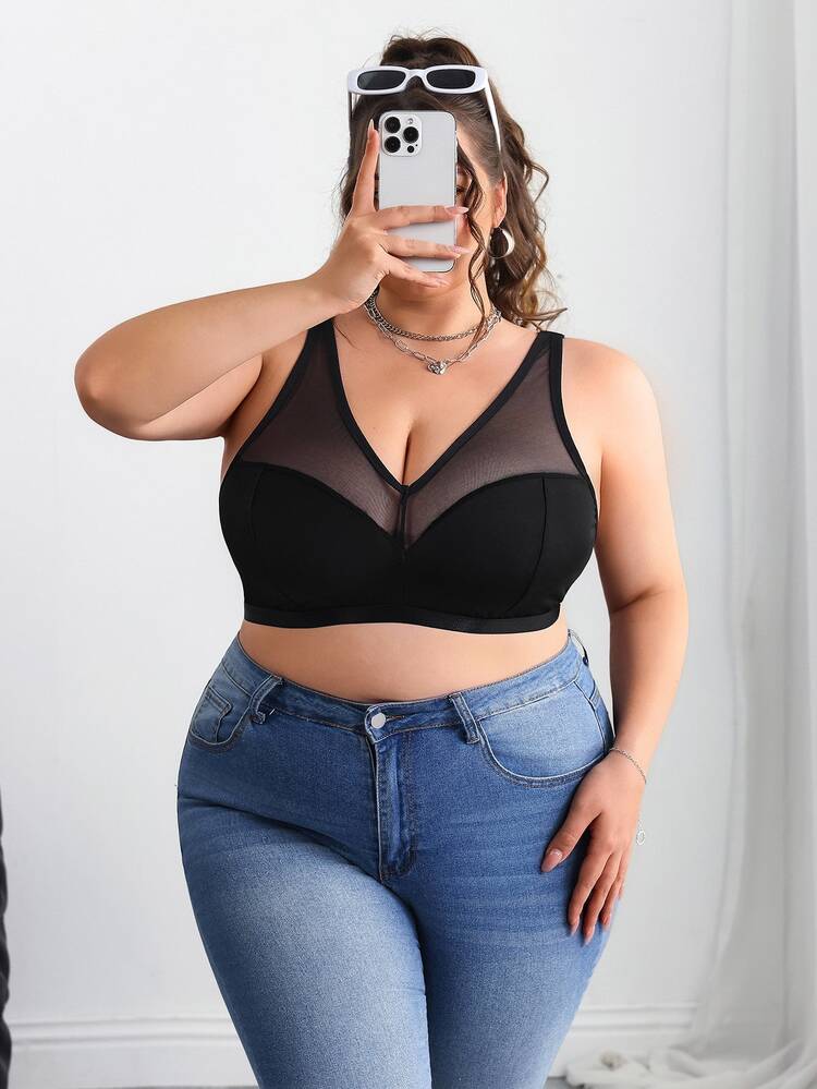 SHEIN CURVE+ صدرية سوليد كولور مع إدراج شبكي متباين بدون حمالات، مناسبة للصيف والرحلات الريفية والشاطئية - الأسود - مشاهدة 5