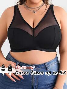 SHEIN CURVE+ Plus Size Solid Color Contrast Mesh Insert Wireless Curved Bra Summer/Country/Beach Brunch Dinner Going Out Vacation/Beach/Beach Wear Black Sexy - Black - View 10