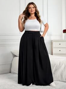 SHEIN CURVE+ CURVE PLUS /Valentine's Day/Plus Size Women's Pleated Loose Pants, Spring/Summer Fall - Black - View 7