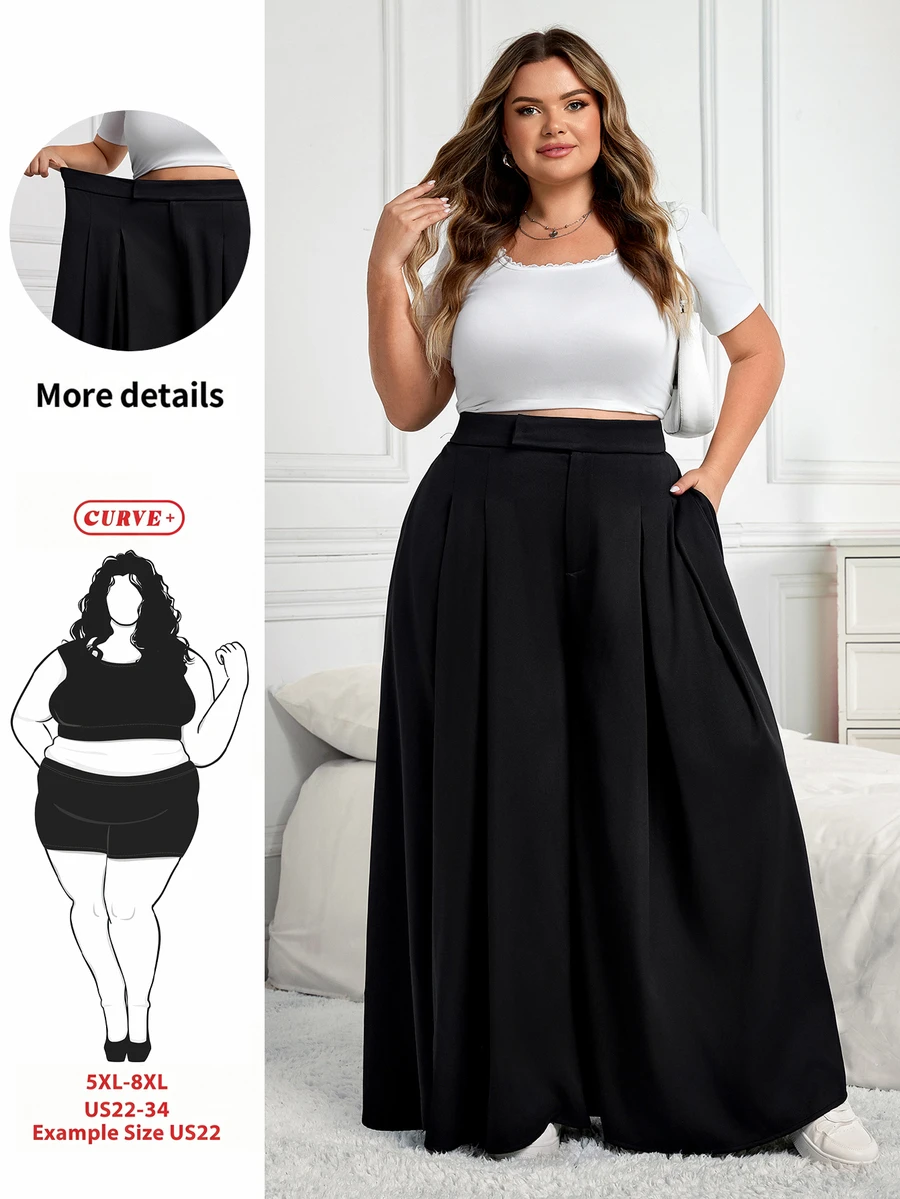 SHEIN CURVE+ CURVE PLUS /Valentine's Day/Plus Size Women's Pleated Loose Pants, Spring/Summer Fall - Black - View 1